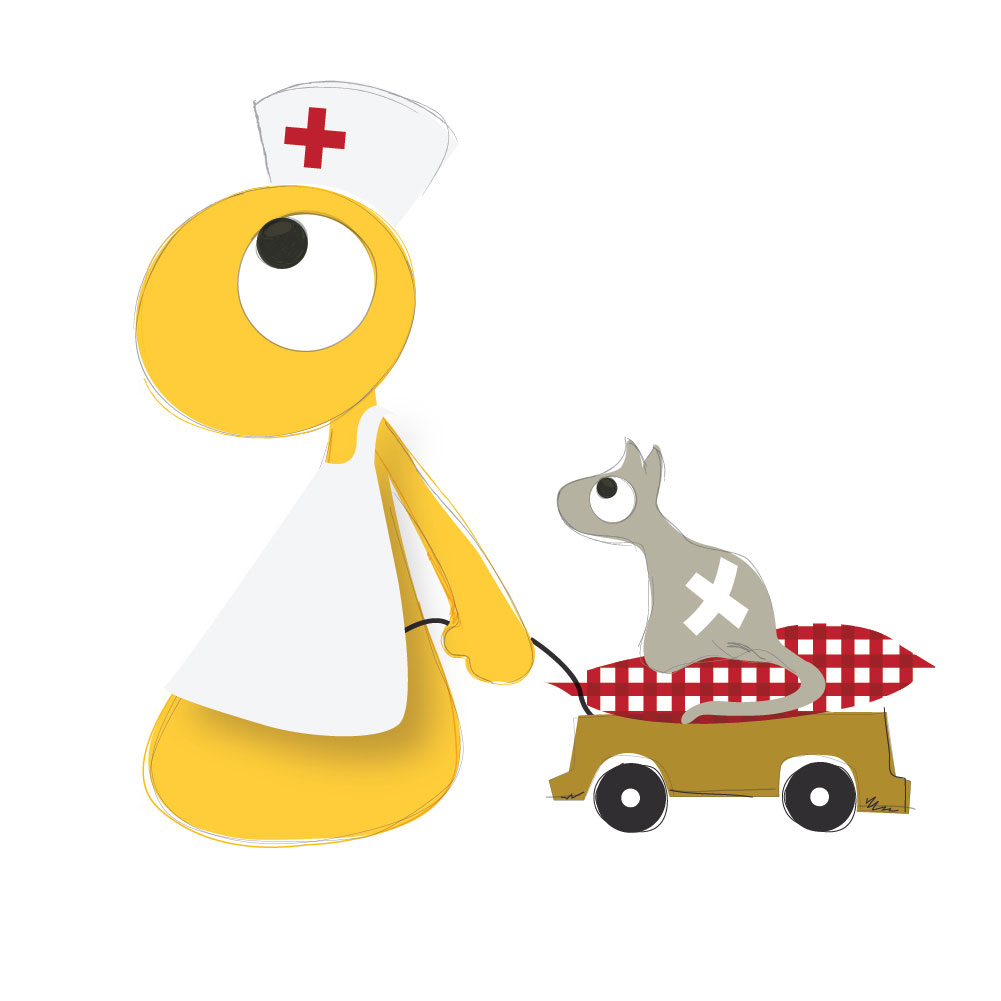 schets van olli en jeujeu met een ambulance karretje